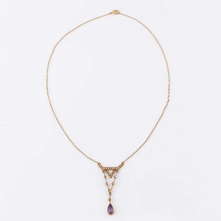 Necklace, 14K gold with amethyst and seed pearls.