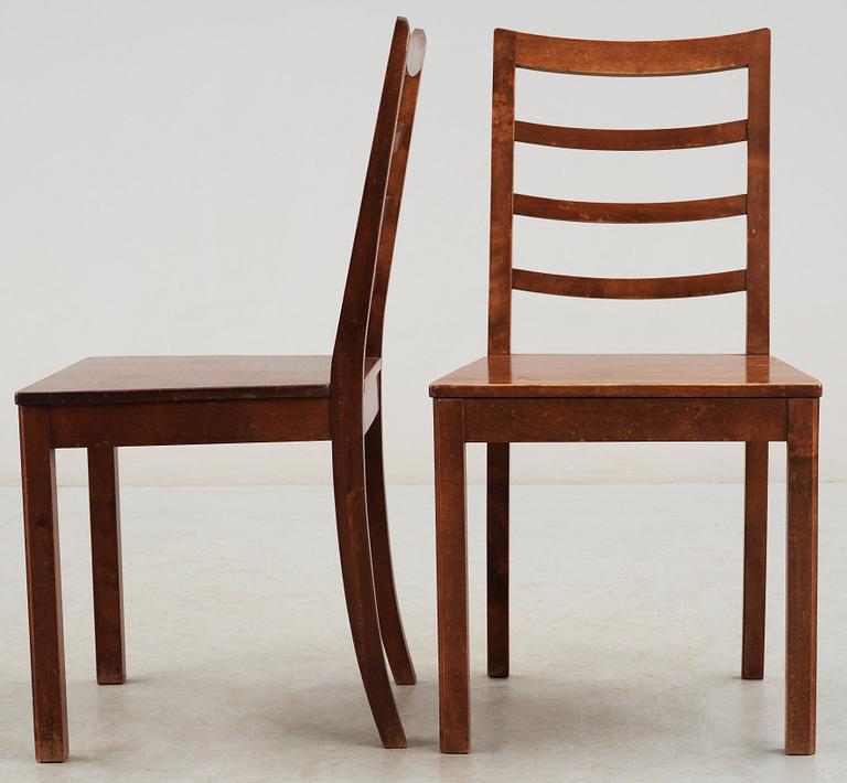 A set of six stained birch dinner chairs, Nordiska Kompaniet, NK, Stockholm circa 1923.