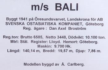 BÅTMODELL, "m/s Bali", modellen byggd av Å. Carlberg.