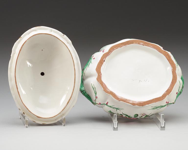 An unmarked faience tureen with cover, 18th Century.