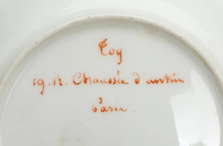 TEKOPPAR, 2 st, porslin, Oskar II's monogram, märkta Toy, Chaussee d'Antin, Paris undertill, sent 1800-tal.
