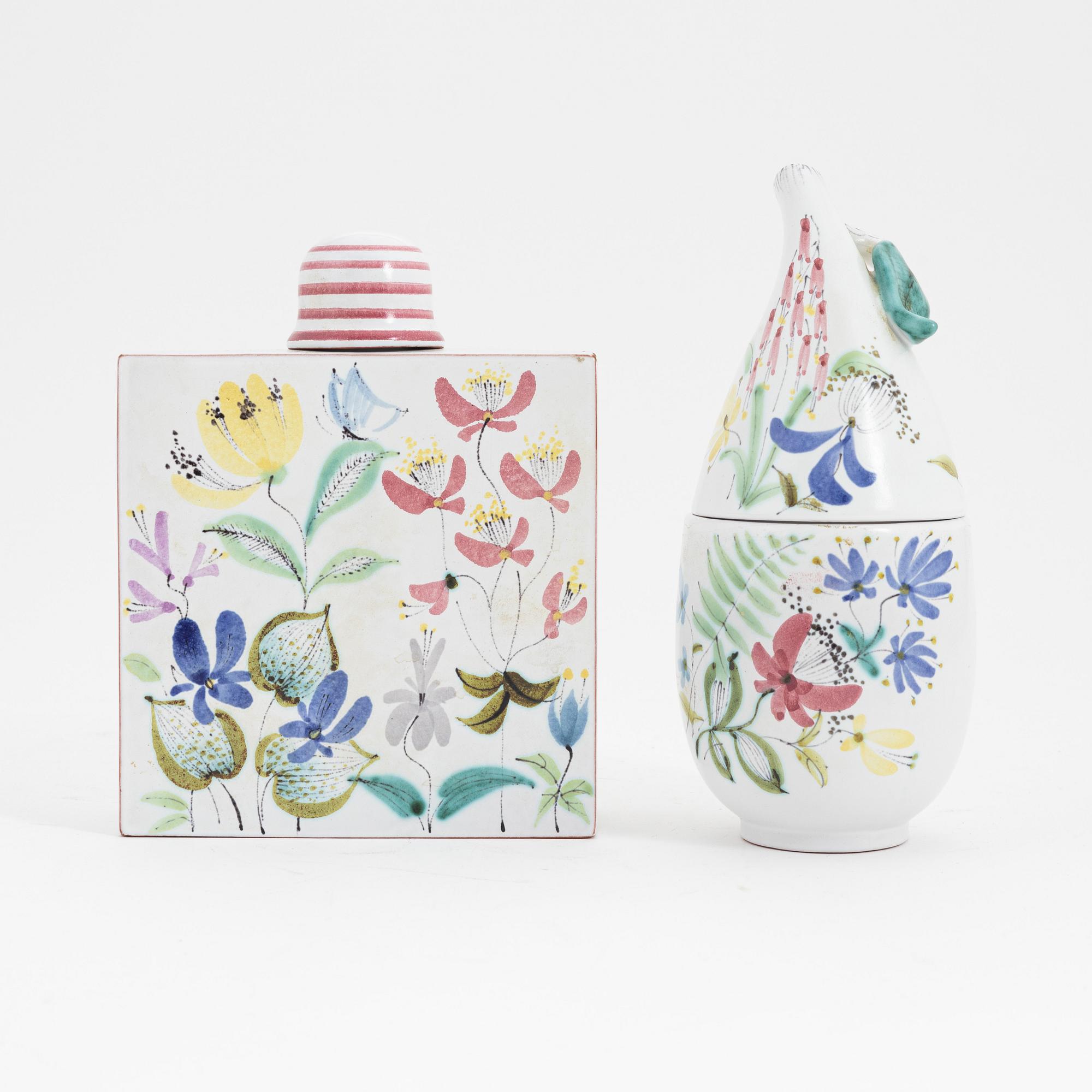 Stig Lindberg, plunta och burk med lock, fajans, Gustavsbergs studio.