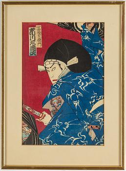 TOYOHARA KUNICHIKA (1835–1900) samt UTAGAWA KUNISADA (1786-1864), färgträsnitt, 3 st, Japan, 1800-tal.