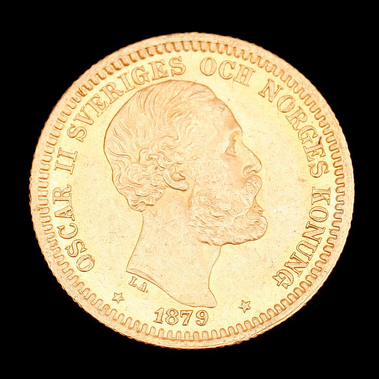 GULDMYNT, 20 kr, Oscar II, 1879. Vikt ca 9 g.