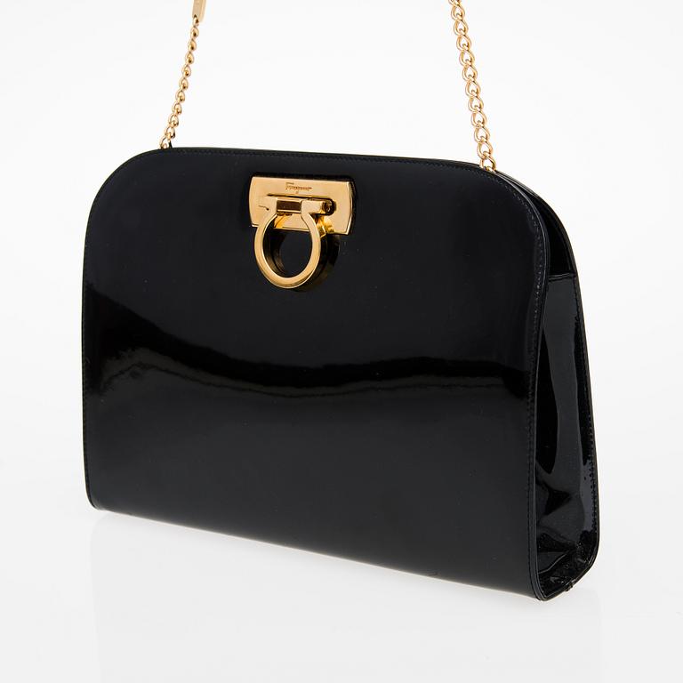 A SALVATORE FERRAGAMO Black Patent Leather Shoulder Bag.