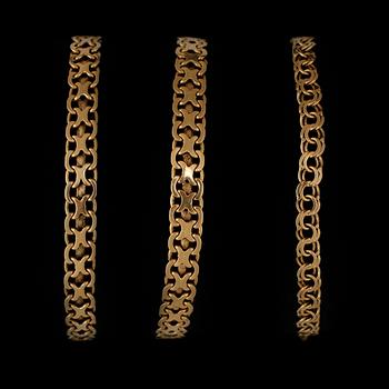 ARMBAND, 3 st, 18k guld. Total vikt ca 33 gram.