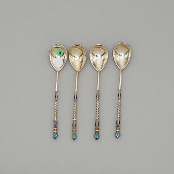 A set of four Russian silver-gilt and enamel coffee-spoons, unidentified makers mark, Moscow 1899-1908.