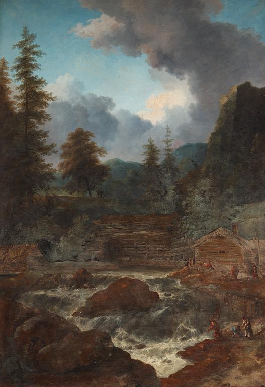 Allaert van Everdingen Attributed to, Landscape with figures by a waterfall.