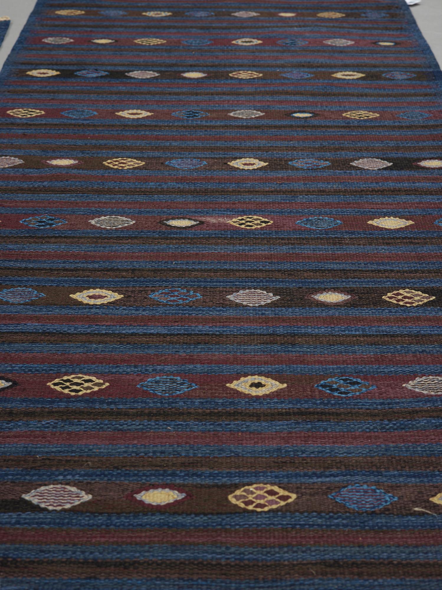BARBRO NILSSON, carpets, 2 pieces, flat weave, 238,5 x 101 resp. 181,5 x 81 cm, "Blåbär, mörk", signed AB MMF BN.