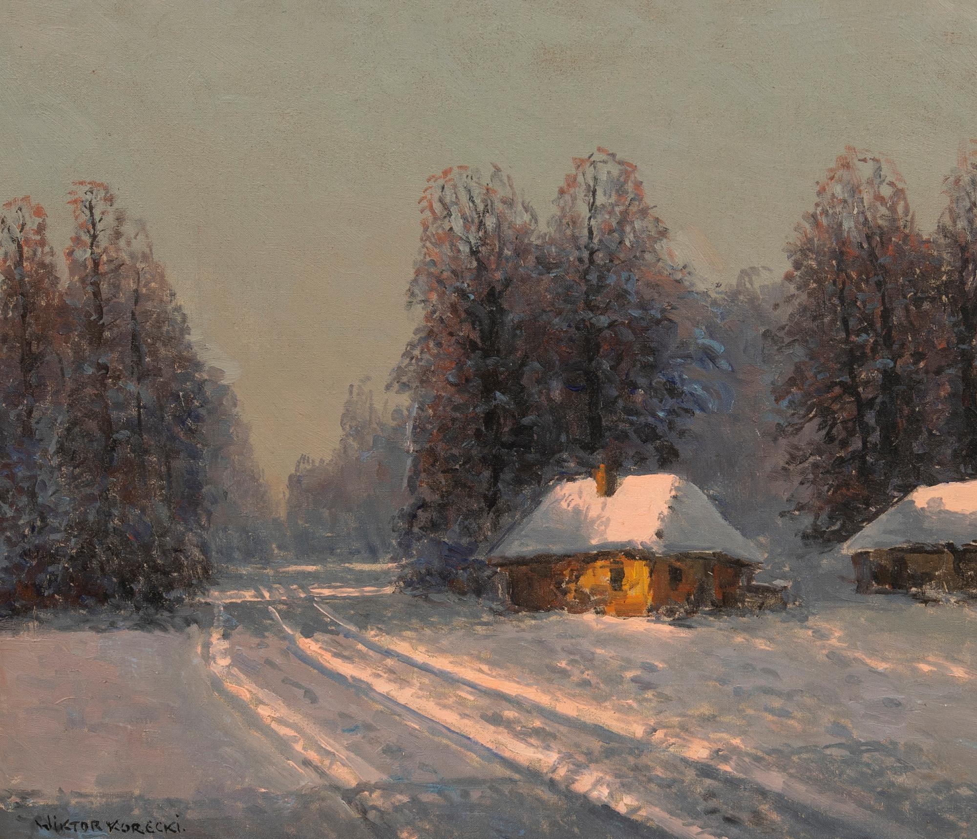 Wiktor Korecki, Landscape with Buildings in Winter Attire.