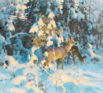 134. Thure Wallner, Roe deer in snowy forest.