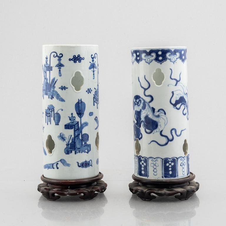 Two Chinese blue and white porcelain hat stands, Qing dynasty, 19th century.