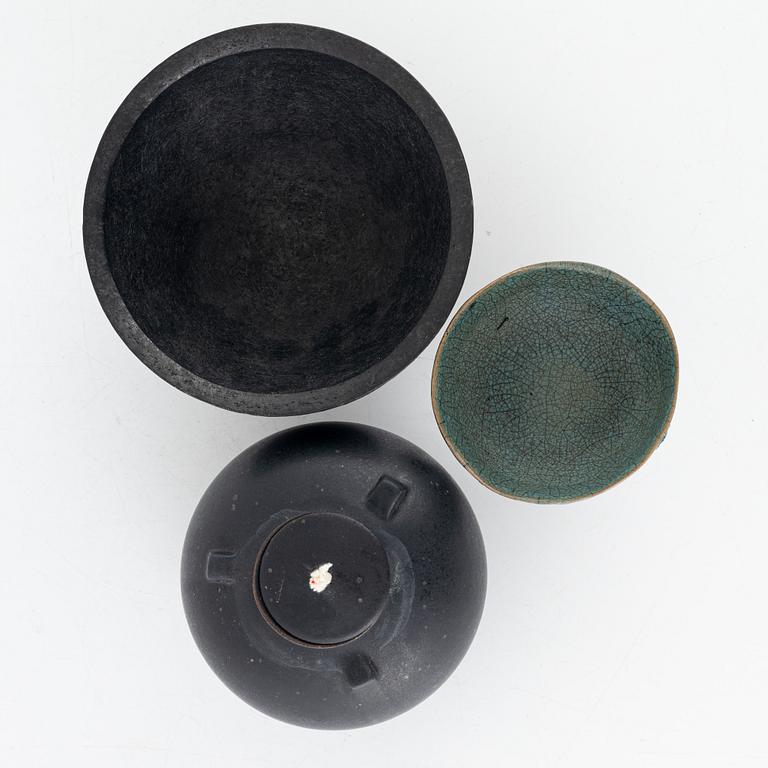 Bowls, a pair, and an oil lamp, by Ulrika Wallin among others, circa 2000.