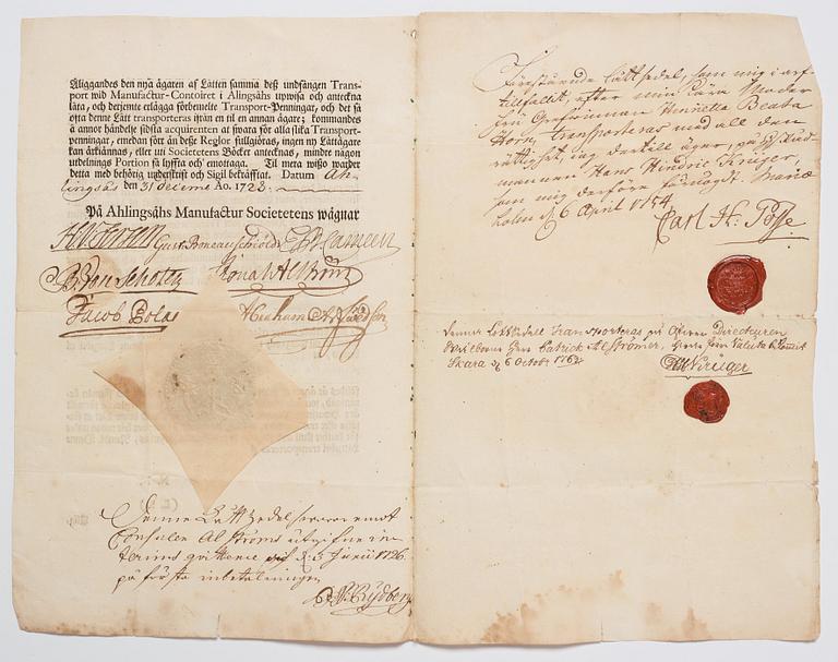 Aktiebrev, Ahlingsåhs Manufaktur Werk (Manufactur-Societet), No 285, 1728,
