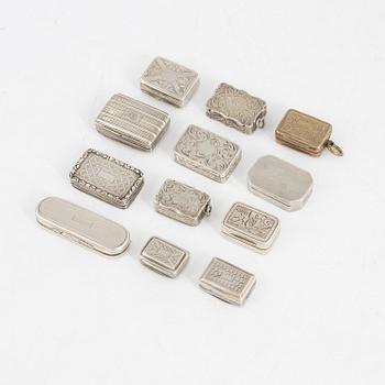 Boxes, 12 pcs, silver, miniature size, England, 19th Century.