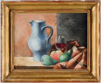 Still life with blue pitcher and wine glass.