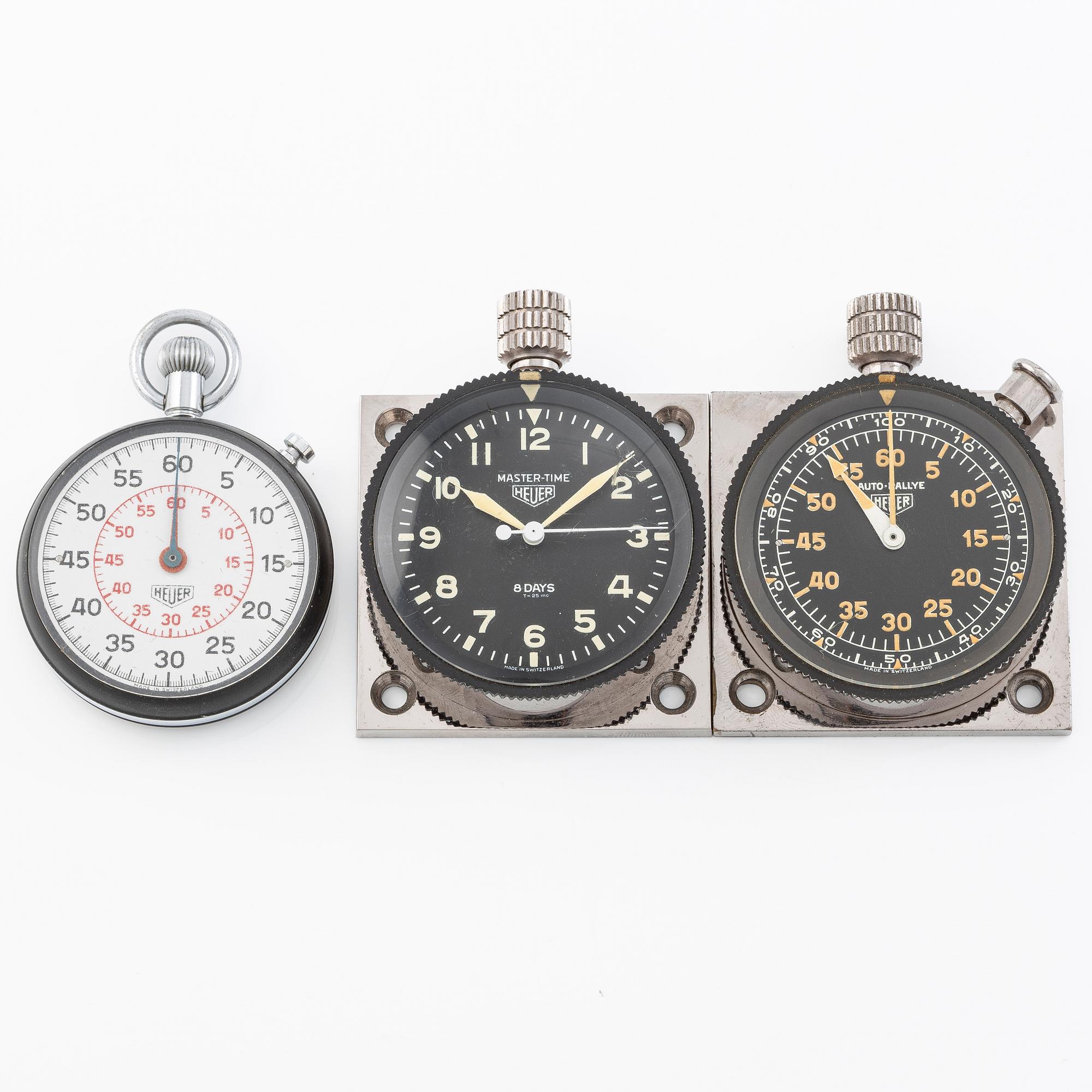 HEUER, three timing instruments, Auto-Rallye, Master-Time 8 Days and a stopwatch, "provenance from the Acropolis Rally 1966.".