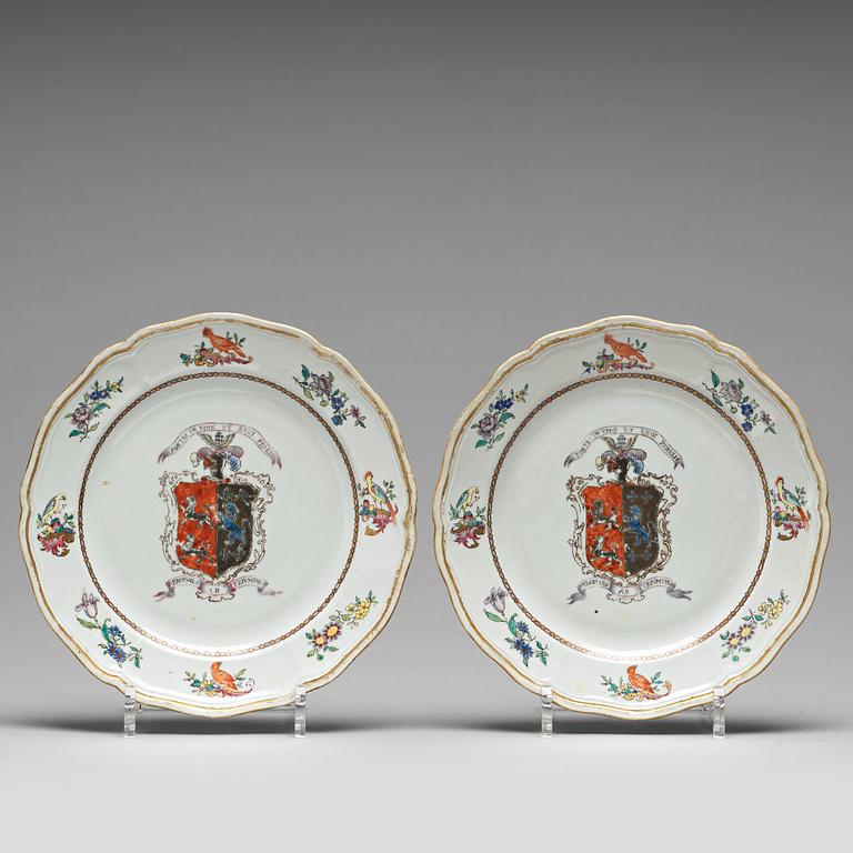 A set of two famille rose armorial dinner plates, Qing dynasty, Qianlong (1736-95).