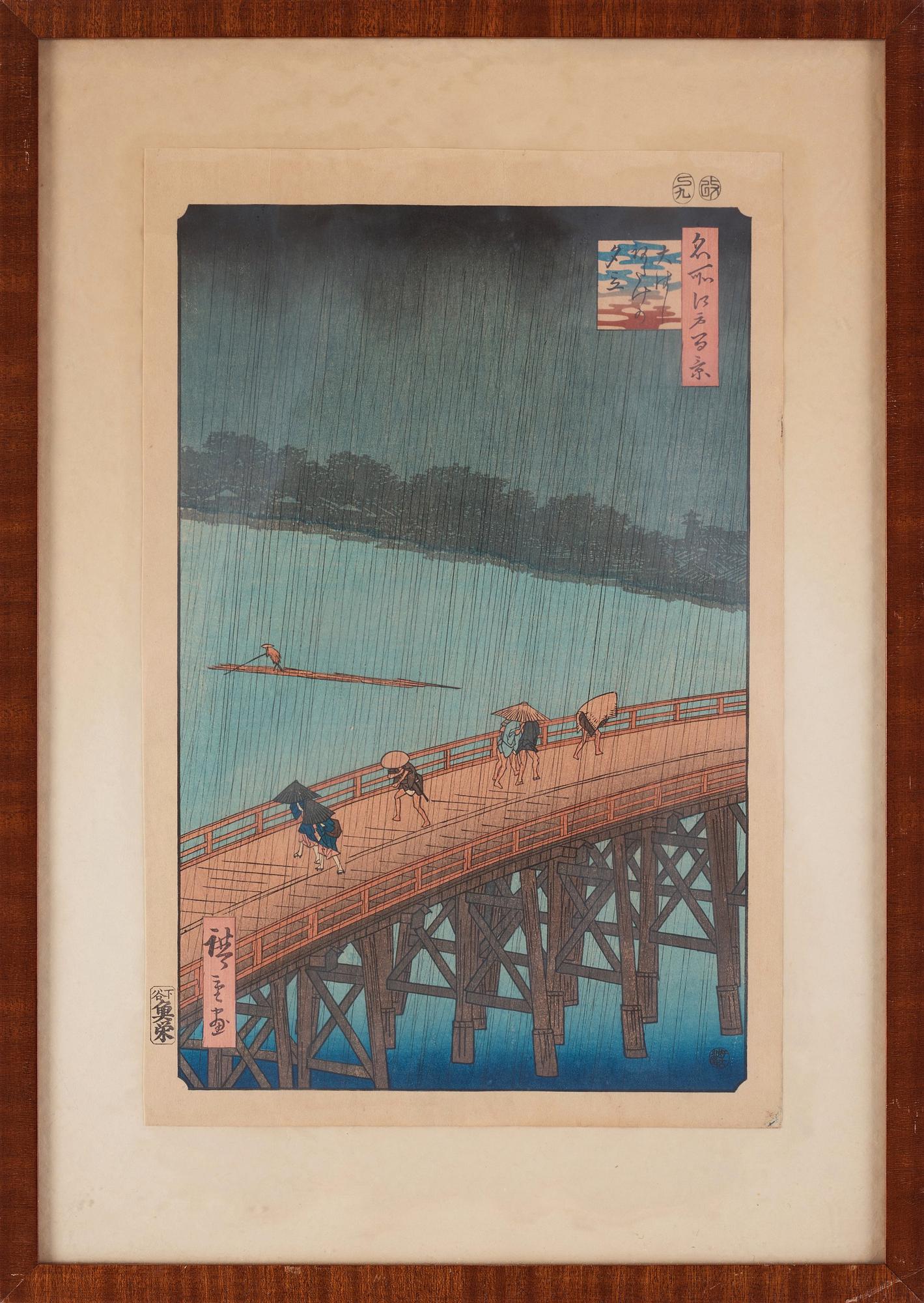 Utagawa Hiroshige I, Utagawa Hiroshige I (Japan) 1797-1858, colour  woodblock print, Sudden Shower over Shin-Ōhashi Bridge and Atake. -  Bukowskis