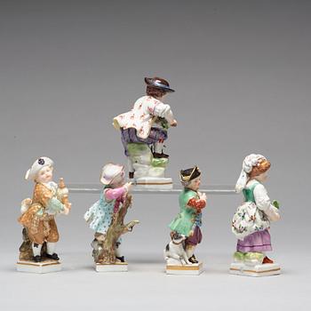 A group of five porcelain figurines of children, Meissen and Vienna.