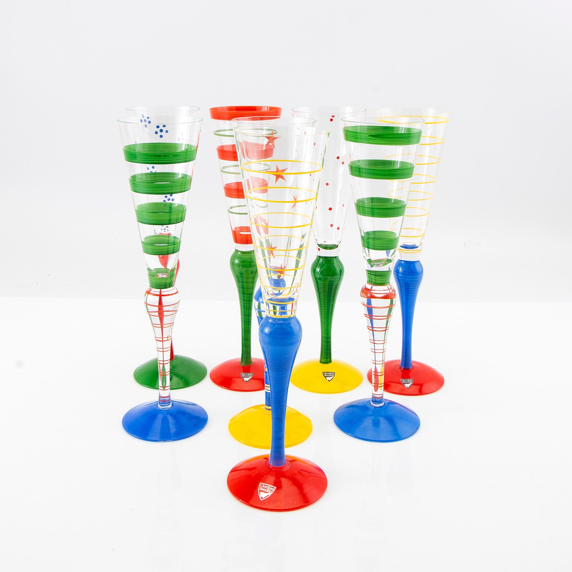 Anne Nilsson, champagneglas 8 st "Clown" Orrefors sent 1900-tal.