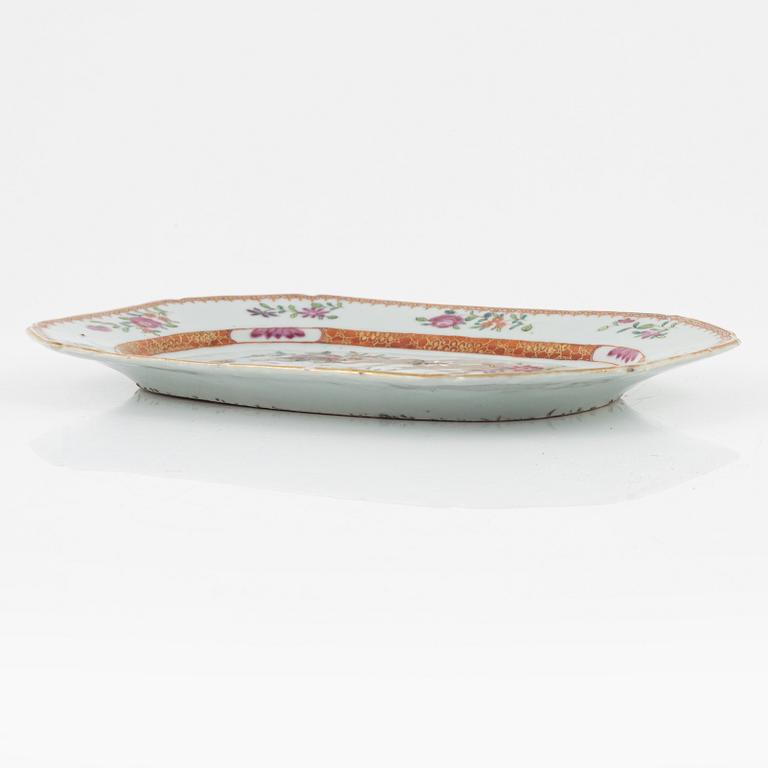 A famille rose dish, sauce boat and bowl, Qing dynasty, 18th Century.