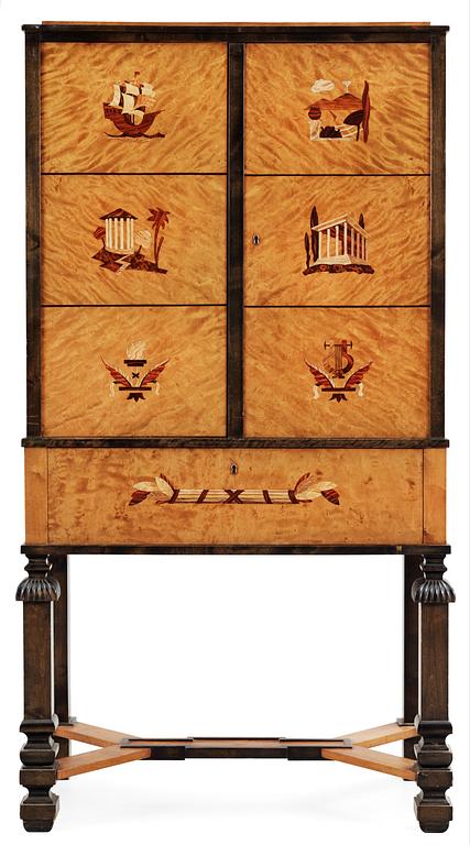 A Carl Malmsten birch cabinet with inalys of different coloured woods, probably by NK, circa 1925.