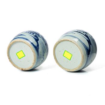 Two Chinese blue and white porcelain jars with cover, late Qing dynasty, 19th century.