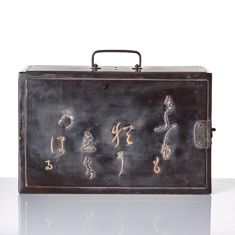 A black lacquer cabinet with poetic inscriptions, Edo Period, 17th Century.