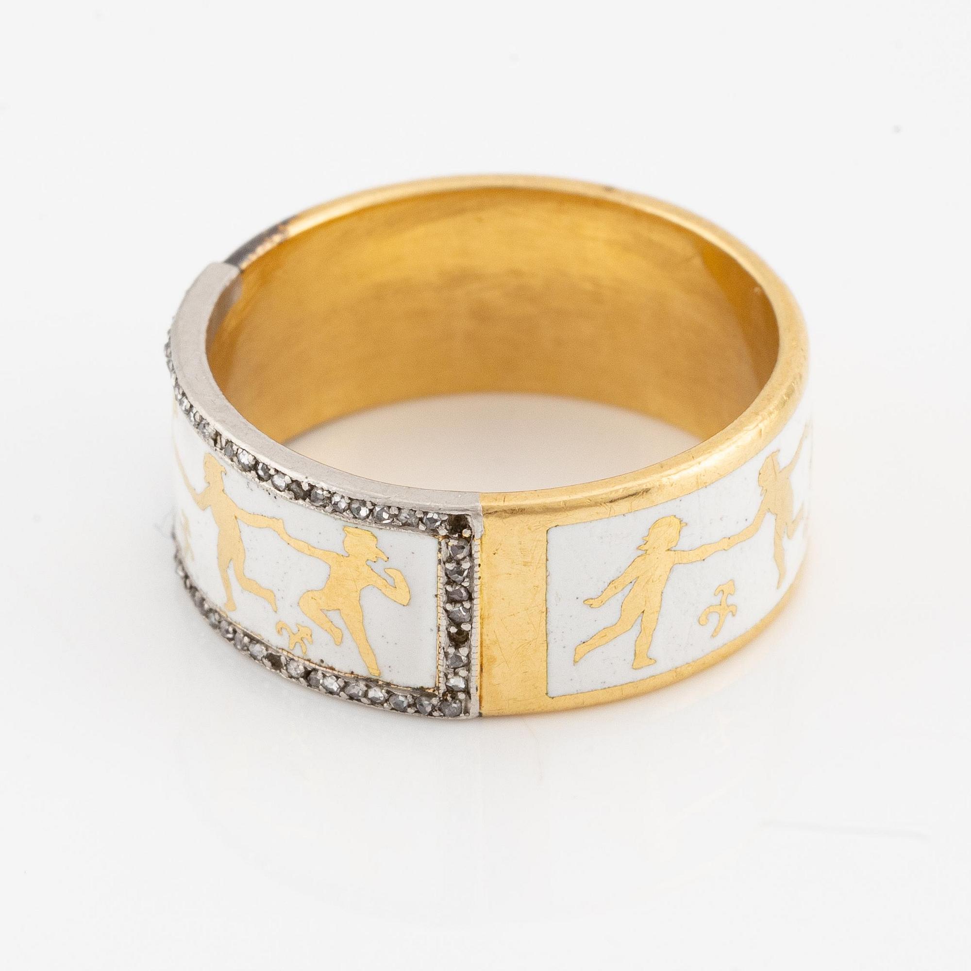 A W.A. Bolin 18K gold and enamel ring set with rose-cut diamonds.