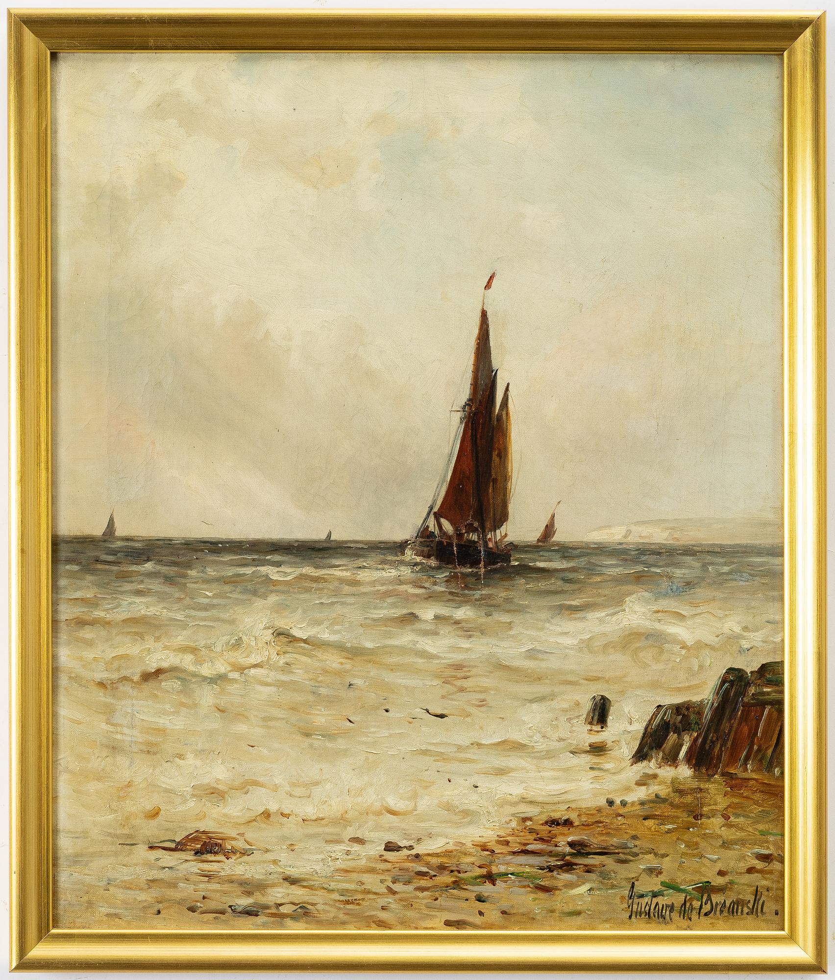 Gustave de Breanski, Sailing into harbour.