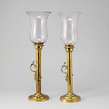 CANDLESTICKS, a pair, brass and glass, ca 1900.