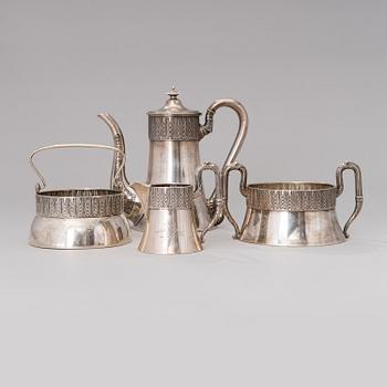 A FOUR PIECE RUSSIAN COFFEE SET, silver, Vasily Agafonov Moscow 1908-17.