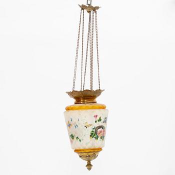 An art noveau glass and brass ceiling lamp from around the year 1900.