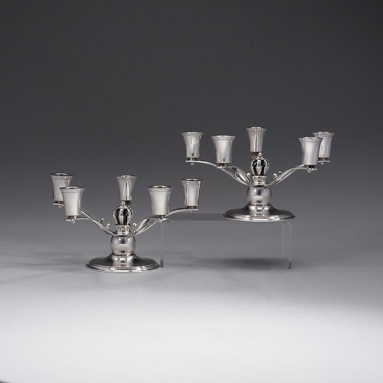 A pair of Grann & Laglye five branches silver candelabra, Copenhagen 1937.