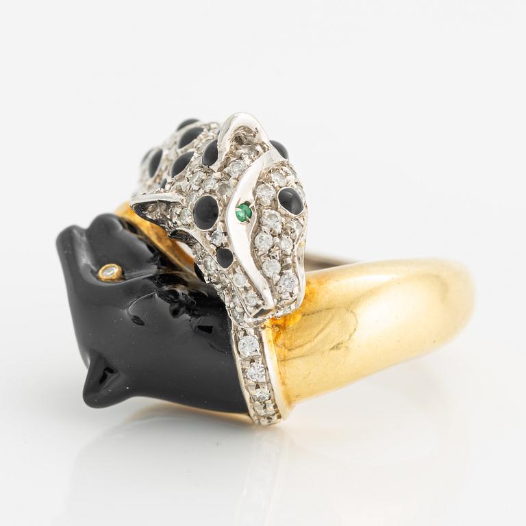 Ring, crossover ring with panthers, gold, enamel, onyx, and brilliant-cut diamonds, likely Italy.