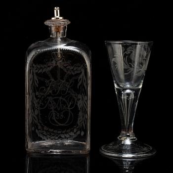 VINGLAS OCH BRÄNNVINSFLASKA, glas, 1700-tal och 1800-tal.