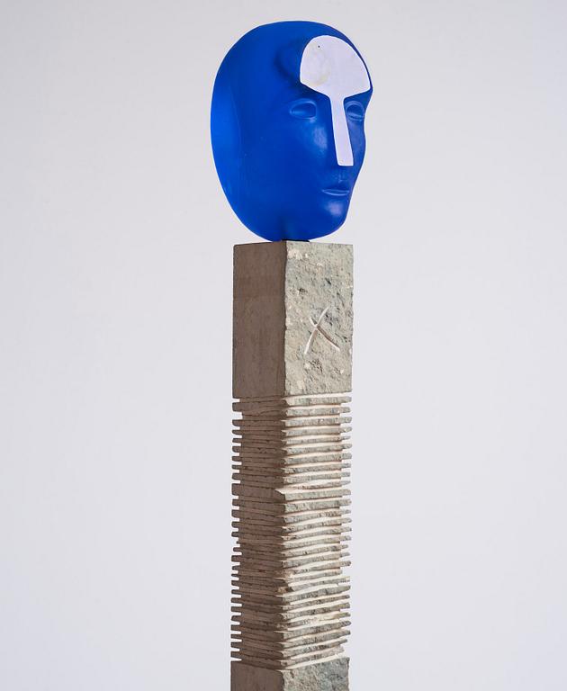 Bertil Vallien, a unique cast glass sculpture, head on stand, Kosta Boda, Sweden.