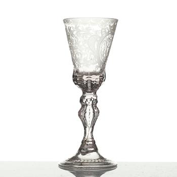 A English engraved and cut glass goblet, 18th Century.