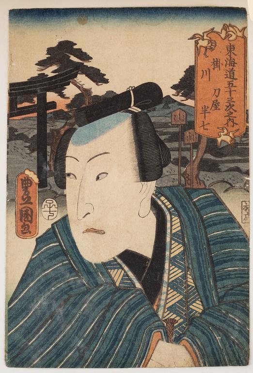 Utagawa Kunisada, tre träsnitt samt Utagawa Kuniyoshi, träsnitt.