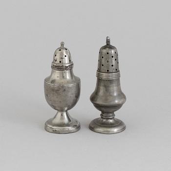 TWO 18TH CENTURY PEWTER SHAKERS.