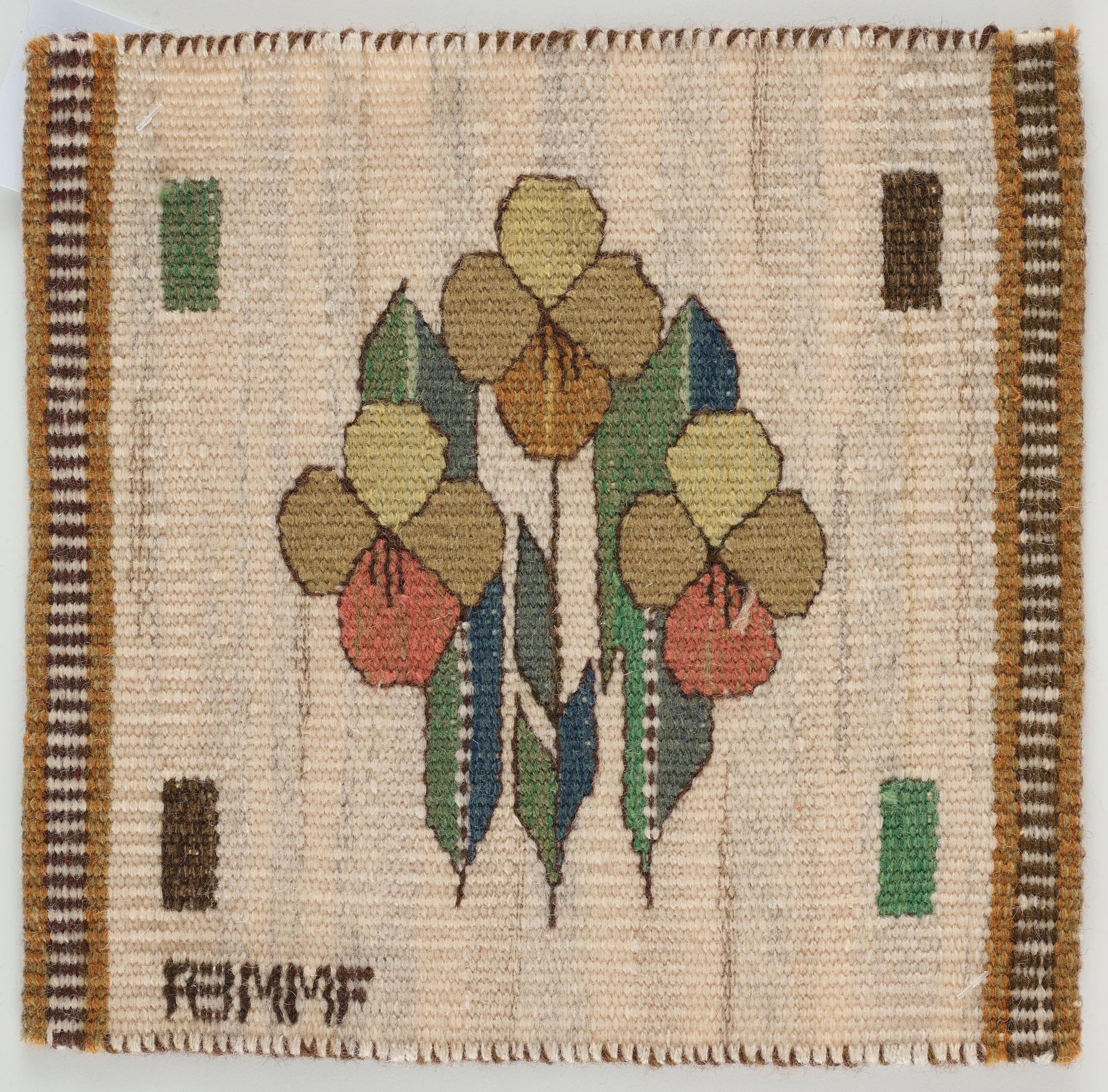 Märta Måås-Fjetterström, textiles, 2 pcs., "Blomlapp", tapestry weave, "Pingstlilja" ca 28,5 x 29,5 cm, "Pensé" ca 25,5 x 26 cm, signed AB MMF.