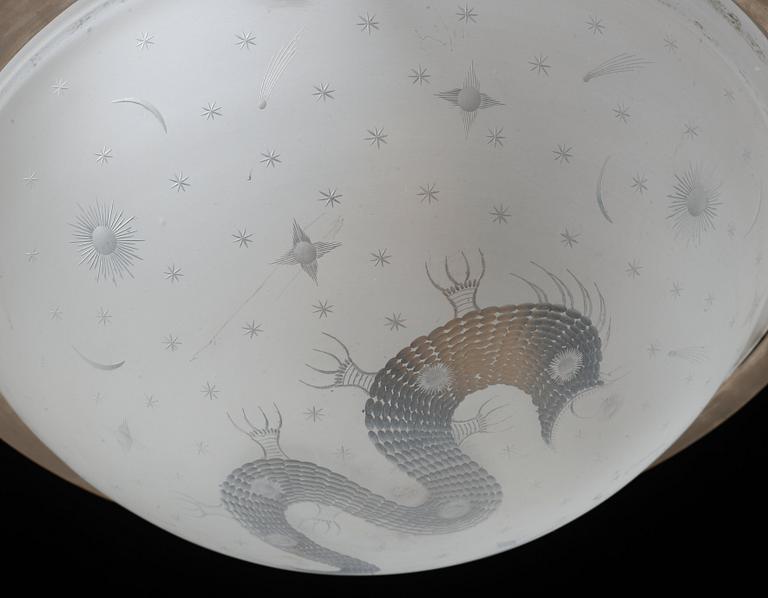 An Edward Hald engraved glass hanging lamp, Orrefors, Sweden 1920's.