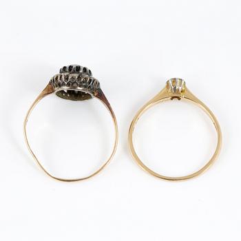 RINGAR, 2 st, guld 18K, diamanter och safir resp diamant på ca 0,1 ct. Vikt tot ca 4 gram.