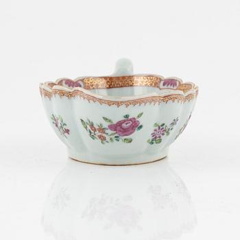 A famille rose dish, sauce boat and bowl, Qing dynasty, 18th Century.