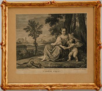 GRAVYRER, 3 st, efter Prudhon och Giorgione, 1800-tal.