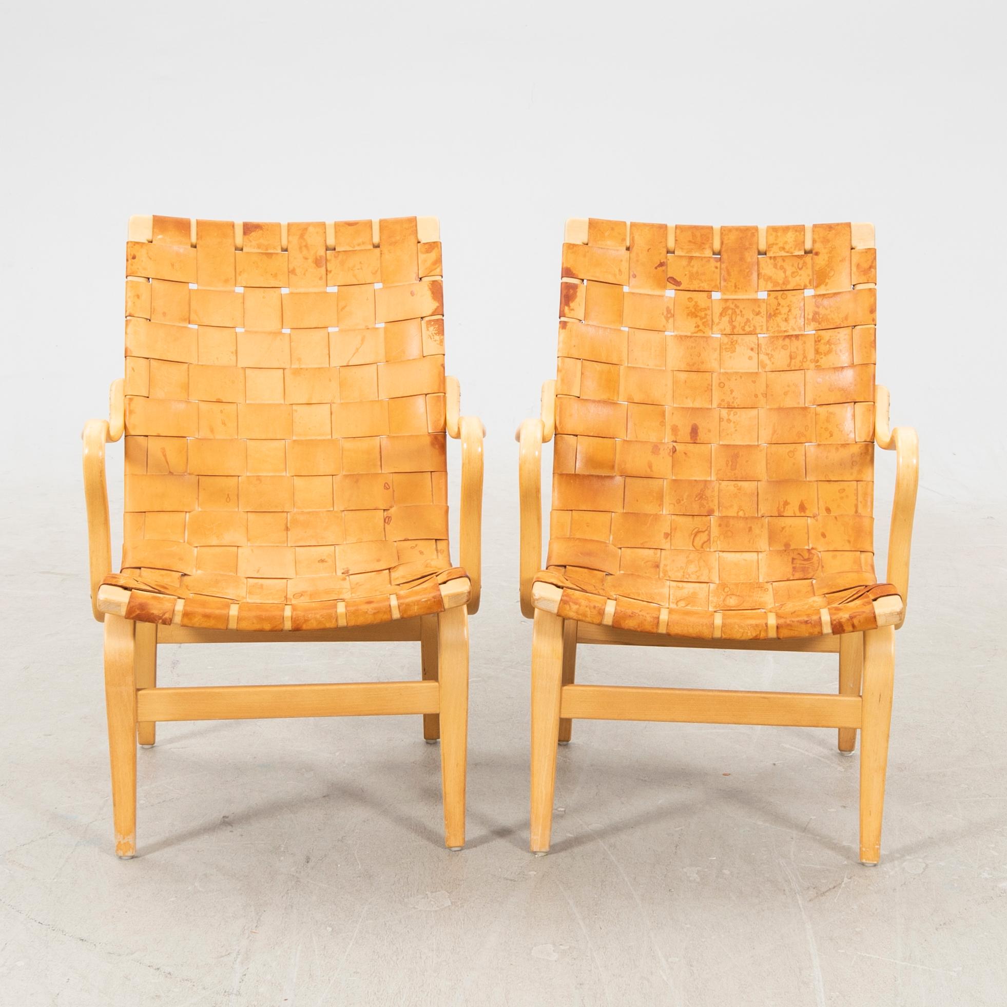 Bruno Mathsson, fåtöljer ett par, "Eva", Firma Karl Mathsson, daterade 1964.