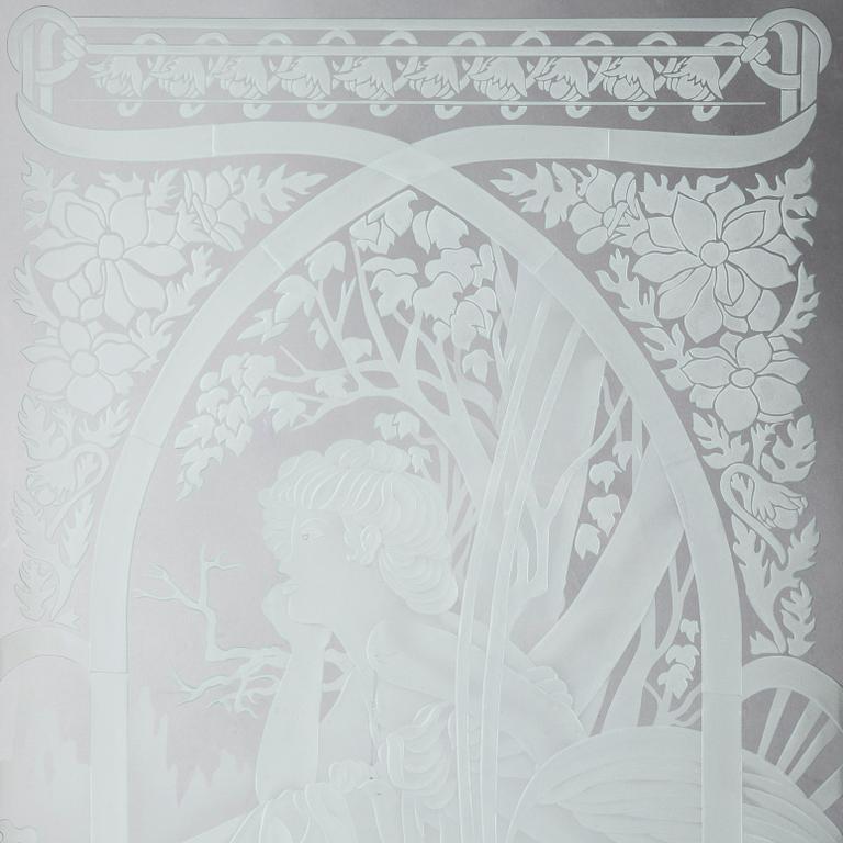 a glass window decor after Alphonse Mucha, 20th century.