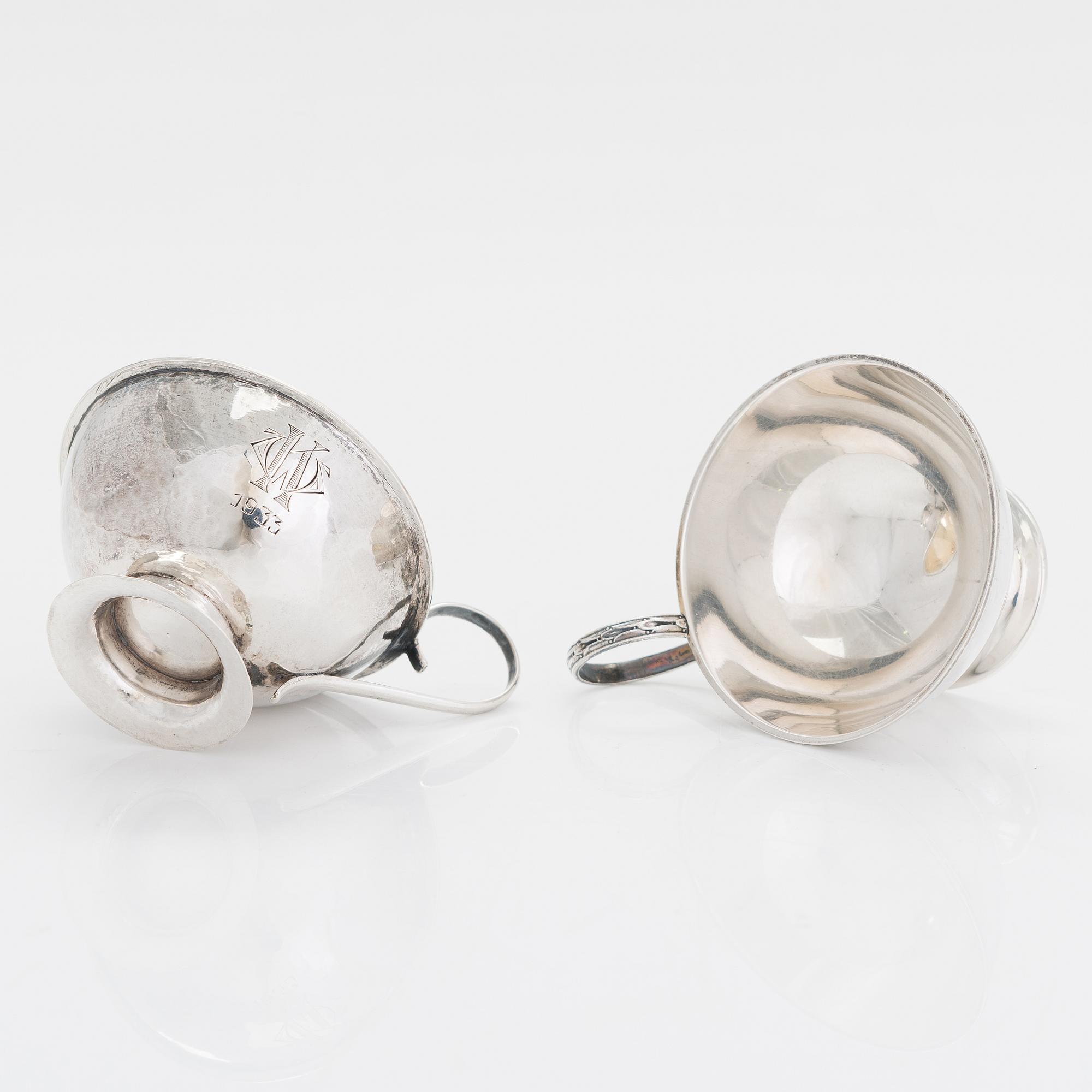 Two sterling silver bowls, Gustav Jansson 1955, 1960, and eight similar silver punsch cups, GAB and CGH 1933-41. Sweden.