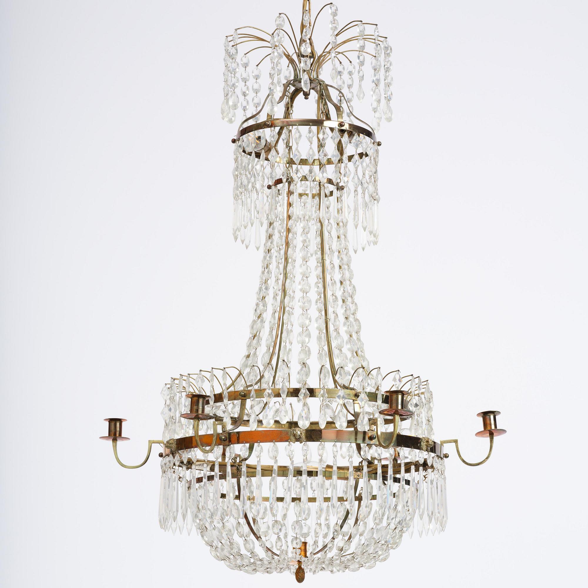 A late Gustavian gilt brass and cut glass seven-light chandelier, circa 1800.